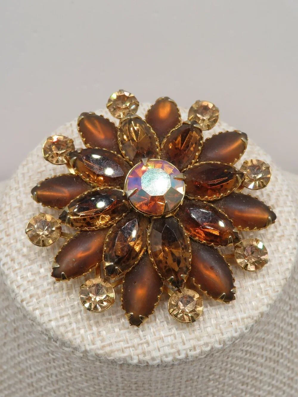 Vintage Judy Lee Amber Brown Rhinestone Floral Brooch
